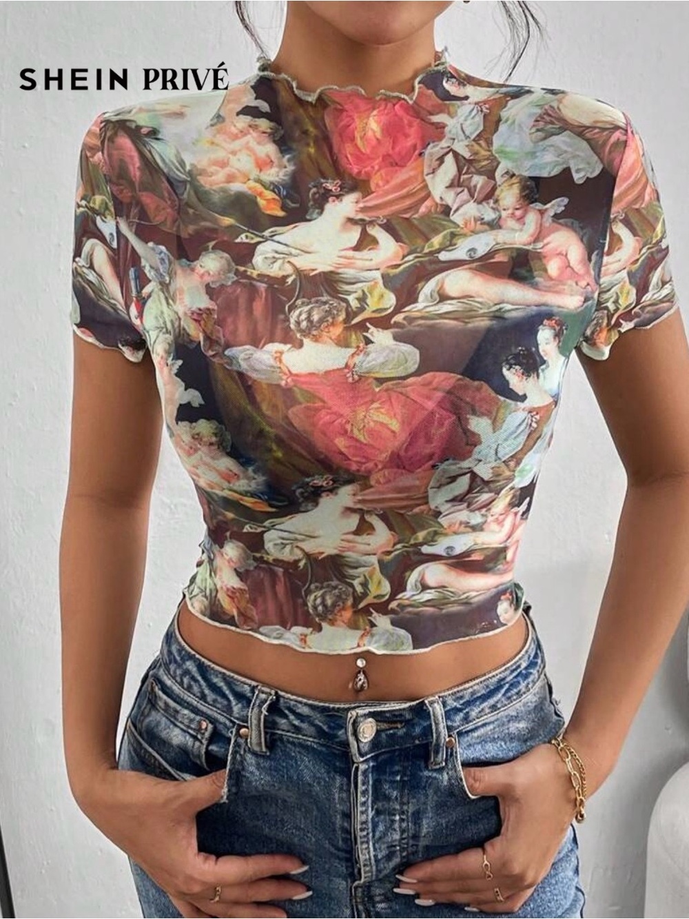 SHEIN Floral Baroque Print Mesh Crop Top - sm